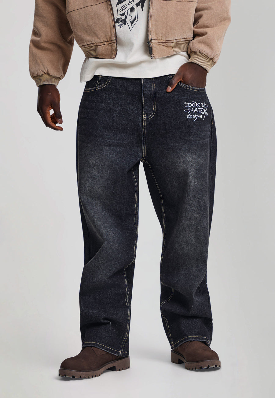 Mens Flying Skull Pu Applique Relaxed Jeans - Washed Black