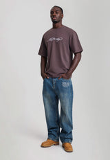 Mens Flying Skull Pu Applique Relaxed Jeans - Dark Blue