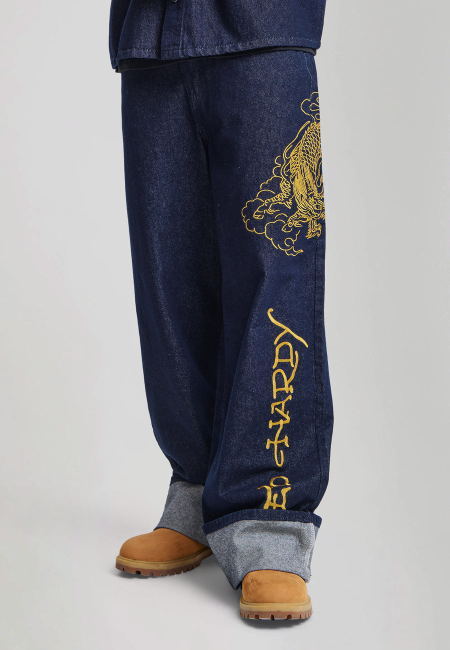 Mens Embroidered Turn Up Dragon Xxtra Jeans - Indigo
