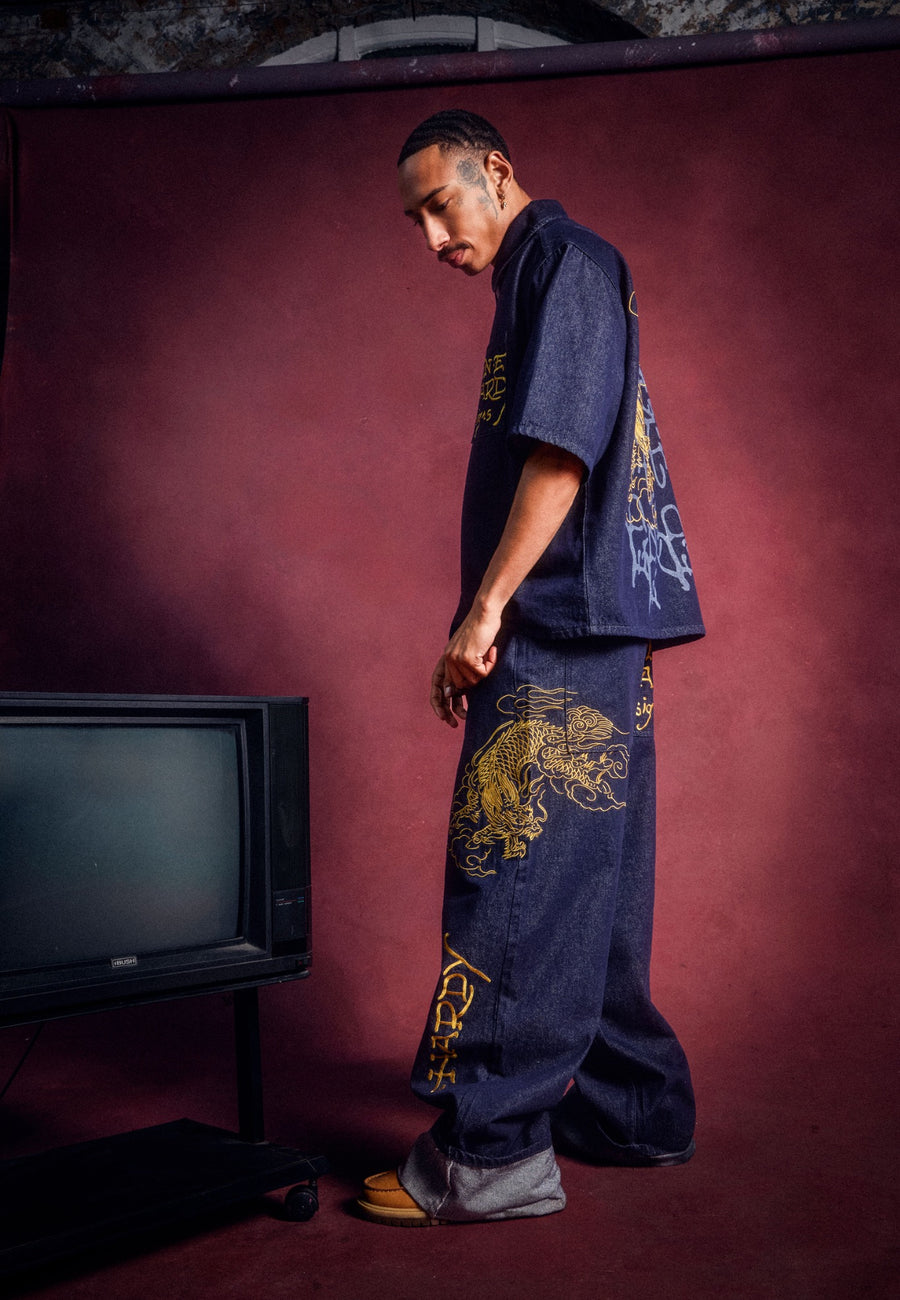 Mens Embroidered Turn Up Dragon Xxtra Jeans - Indigo