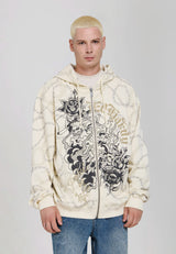 Mens Chain Print Skull Graphic Relaxed Fit Zip Through Hoodie - Ecru