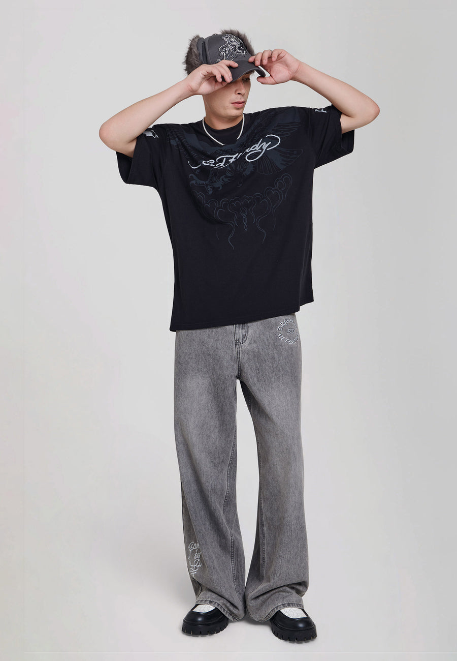 Mens Flaming Eagle Graphic Relaxed Fit T-Shirt - Black