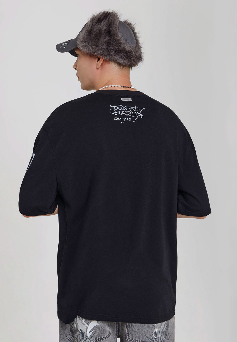 Mens Flaming Eagle Graphic Relaxed Fit T-Shirt - Black