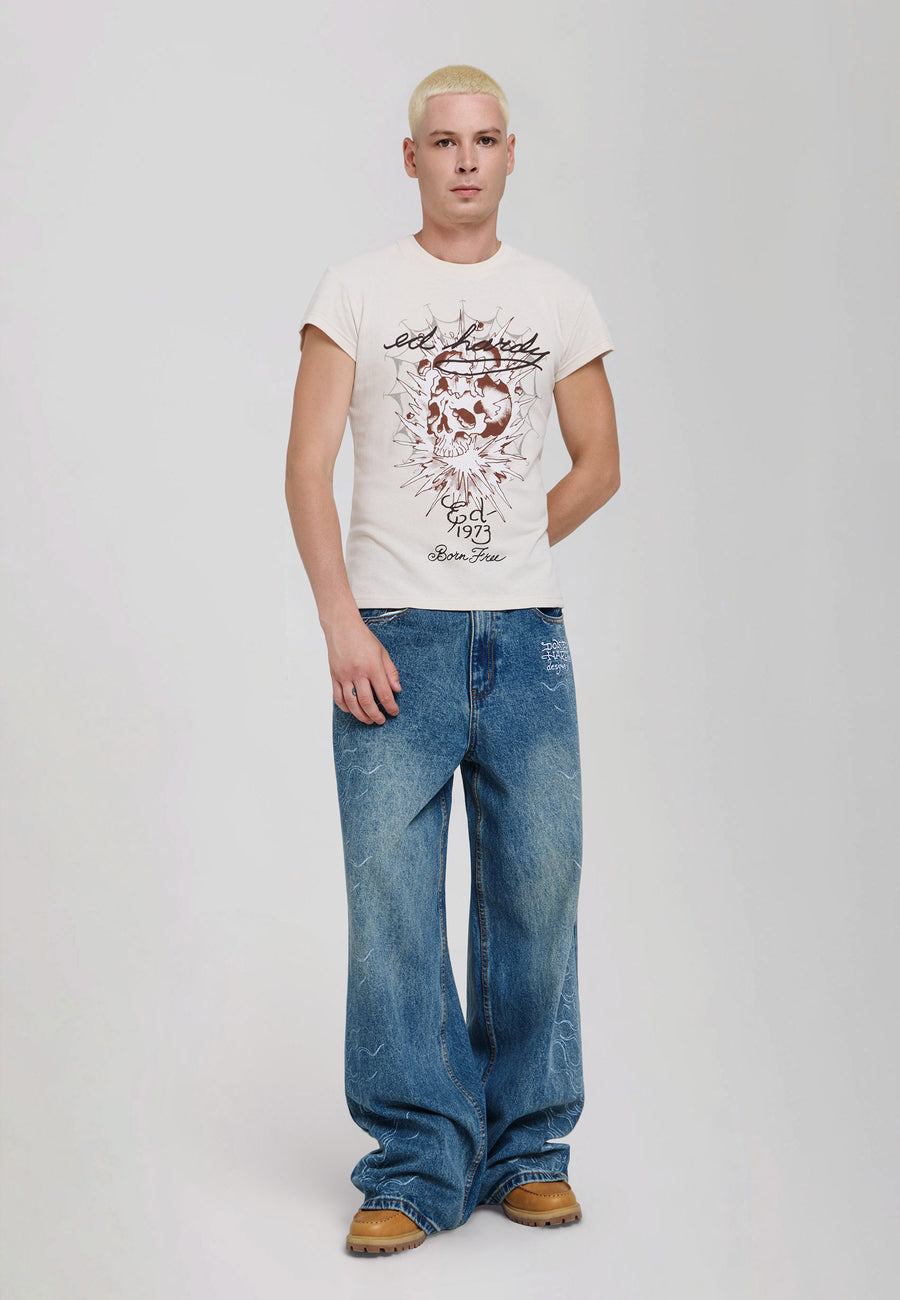 Mens Flame Etched Xxtra Baggy Jeans - Blue