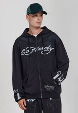 Mens Flaming Eagle Graphic Relaxed Fit Zip Through Hoodie - Black