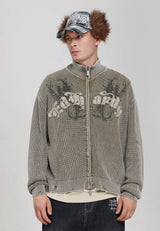 Mens Distressed Ed Hardy Relaxed Knitted Jumper - Khaki