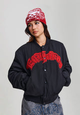 Womens Gothic Flaming Eagle Ruched Sleeve Relaxed Bomber Jacket - Black