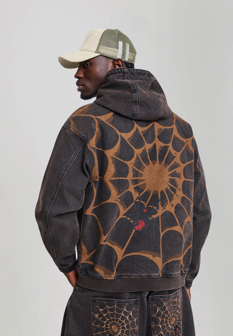 Mens Black Widow Graphic Denim Relaxed Hoodie - Brown