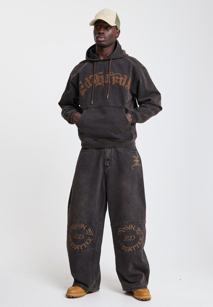 Mens Black Widow Graphic Denim Relaxed Hoodie - Brown