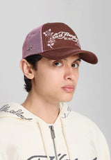 Unisex Skull And Roses 5 Panel Trucker Cap - Brown