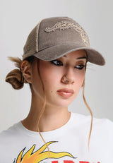 Unisex Raw Edge Applique 5 Panel Trucker Cap - Sand