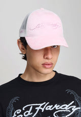 Unisex Diamante Velour 5 Panel Trucker Cap - Baby Pink