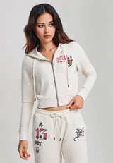 Womens Flaming Leopard Cropped Zip Thru Hoodie - Ecru