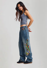Womens Ed Hardy Crawling Dragon Relaxed Jeans - Dark Blue