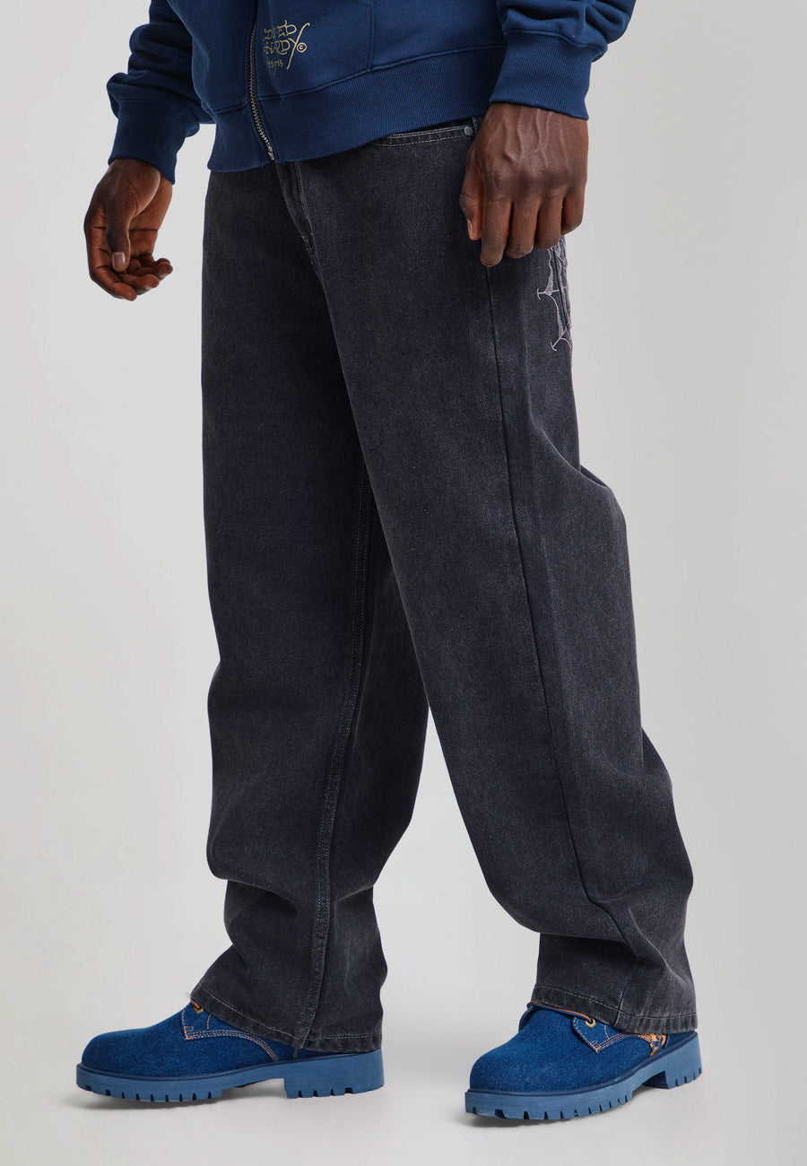 Mens Black Widow Baggy Denim Trousers Jeans - Dark Black