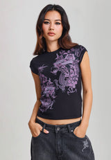 Womens Tattoo City Cap Sleeve Fitted Top - Black