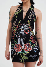 Womens Panther Light Halter Neck Mini Dress - Black