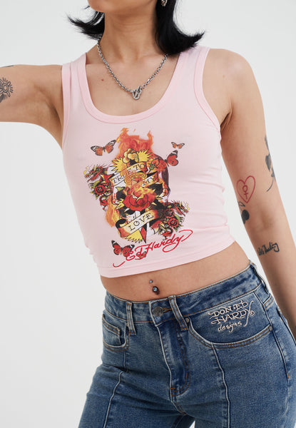 Womens True To My Love Cropped Vest Top - Pink – Ed Hardy UK