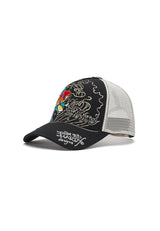 Unisex Embroidered 1971 Koi Fish 5 Panel Trucker Cap - Black
