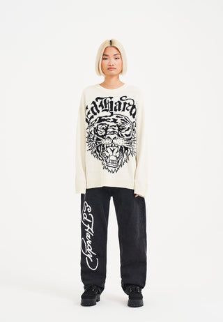 Womens Tiger-Roar Jaquard Knitted Jumper - Off White/Black