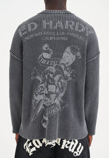 Mens Acid Wash Skull Knitted Jumper - Charcoal