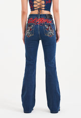 Womens Crystal Koi Flared Denim Trousers Jeans - Indigo