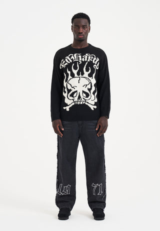 Mens Skull In Flames Jaquard Knitted Jumper - Black/Off White