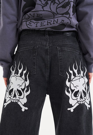 Flaming Skull Relaxed Jean - Washed Black