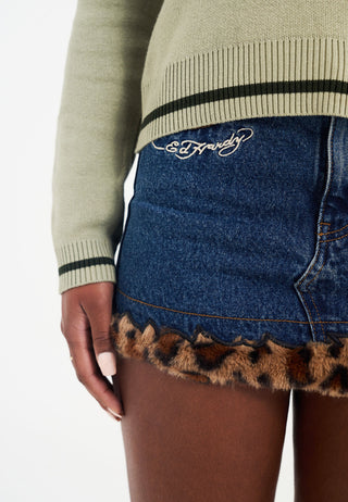 Womens Leo Fur Trim Denim Mini Skirt - Indigo