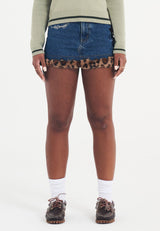 Womens Leo Fur Trim Denim Mini Skirt - Indigo