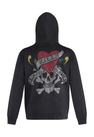 Mens Love Kills Slowly Diamante Zip Through Hoodie - Black