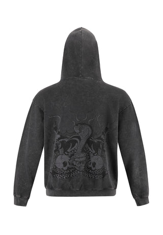 Mens Acid Wash Applique Graphic Pouch Hoodie - Black