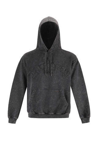 Mens Acid Wash Applique Graphic Pouch Hoodie - Black