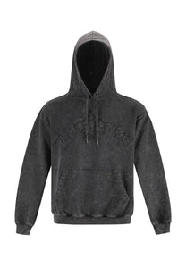 Mens Acid Wash Applique Graphic Pouch Hoodie - Black