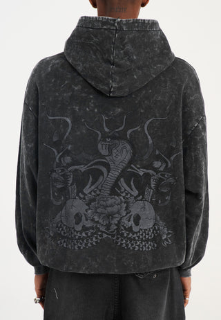 Mens Acid Wash Applique Graphic Pouch Hoodie - Black