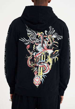 Mens Bamboo Snake And Eagle Battle Zip Thru Hoodie - Black