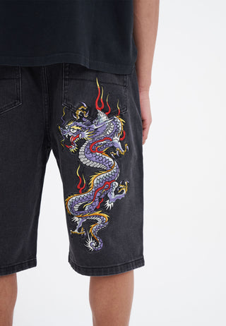 Mens Battle Dragon Denim Jorts Shorts - Washed Black
