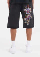 Mens Battle Dragon Denim Jorts Shorts - Washed Black