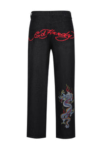 Mens Battle-Dragon Diamante Denim Trousers Jeans - Black