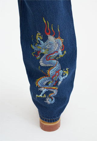 Mens Battle-Dragon Diamante Denim Trousers Jeans - Indigo