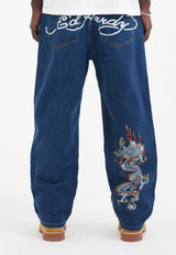Mens Battle-Dragon Diamante Denim Trousers Jeans - Indigo