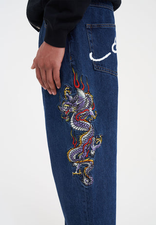 Mens Battle-Dragon Tattoo Denim Trousers Baggy Jeans - Indigo