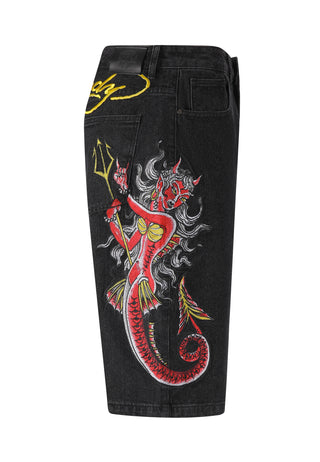 Mens Devil Mermaid Denim Jorts Shorts - Black