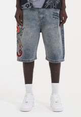 Mens Devil Mermaid Denim Jorts Shorts - Blue