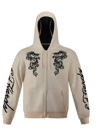 Mens Dragon Zip Thru Knitted Hoodie - Beige