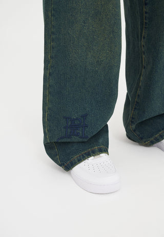 Mens Fireball Dragon Dirty Wash Denim Trousers Jeans - Green