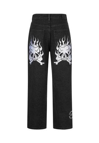 Mens Flaming Skull Relaxed Denim Trousers Baggy Jeans - Black