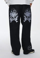 Mens Flaming Skull Relaxed Denim Trousers Baggy Jeans - Black