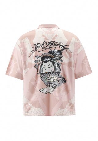 Mens Geisha Fan Camp Short Sleeve Shirt - Pink/White