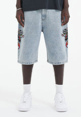 Mens Hell Cats Diamante Denim Jorts Shorts  - Bleach